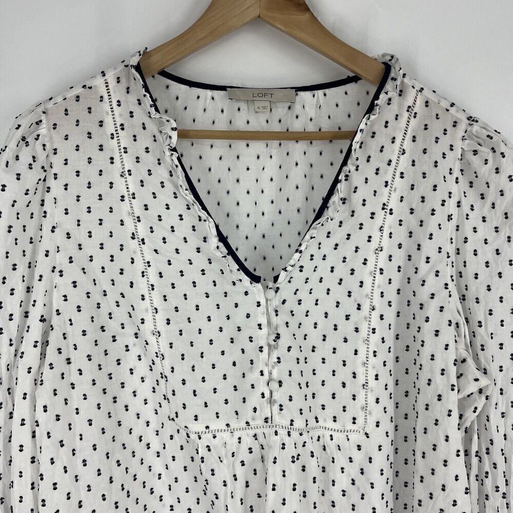 Loft Top Size XL Navy White Swiss Dot Shirt Popover Clip Ruffle Bib Blouse - Picture 2 of 8